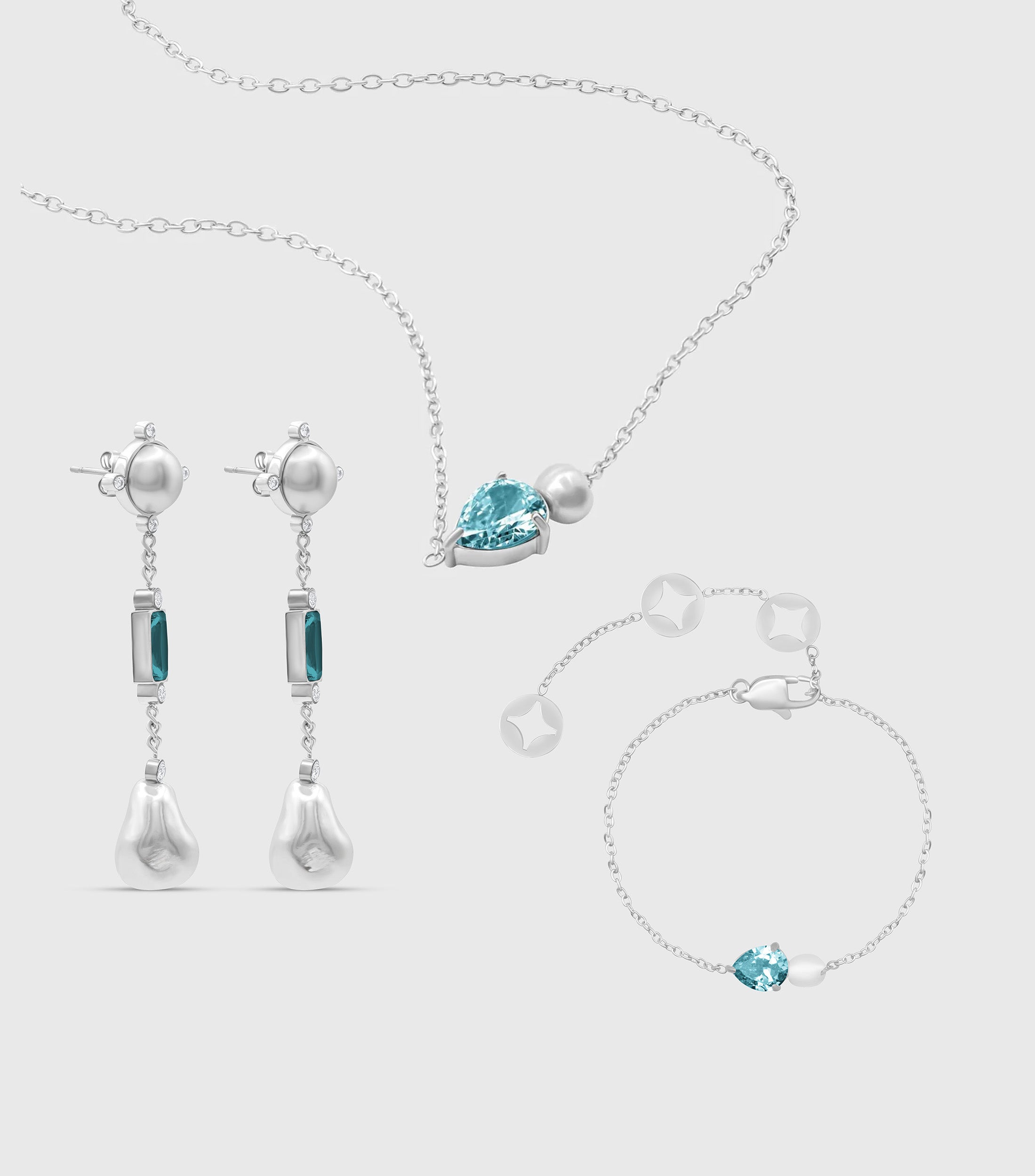 Turquoise Pear-Cut Zirconia & Pearl in Silver Set