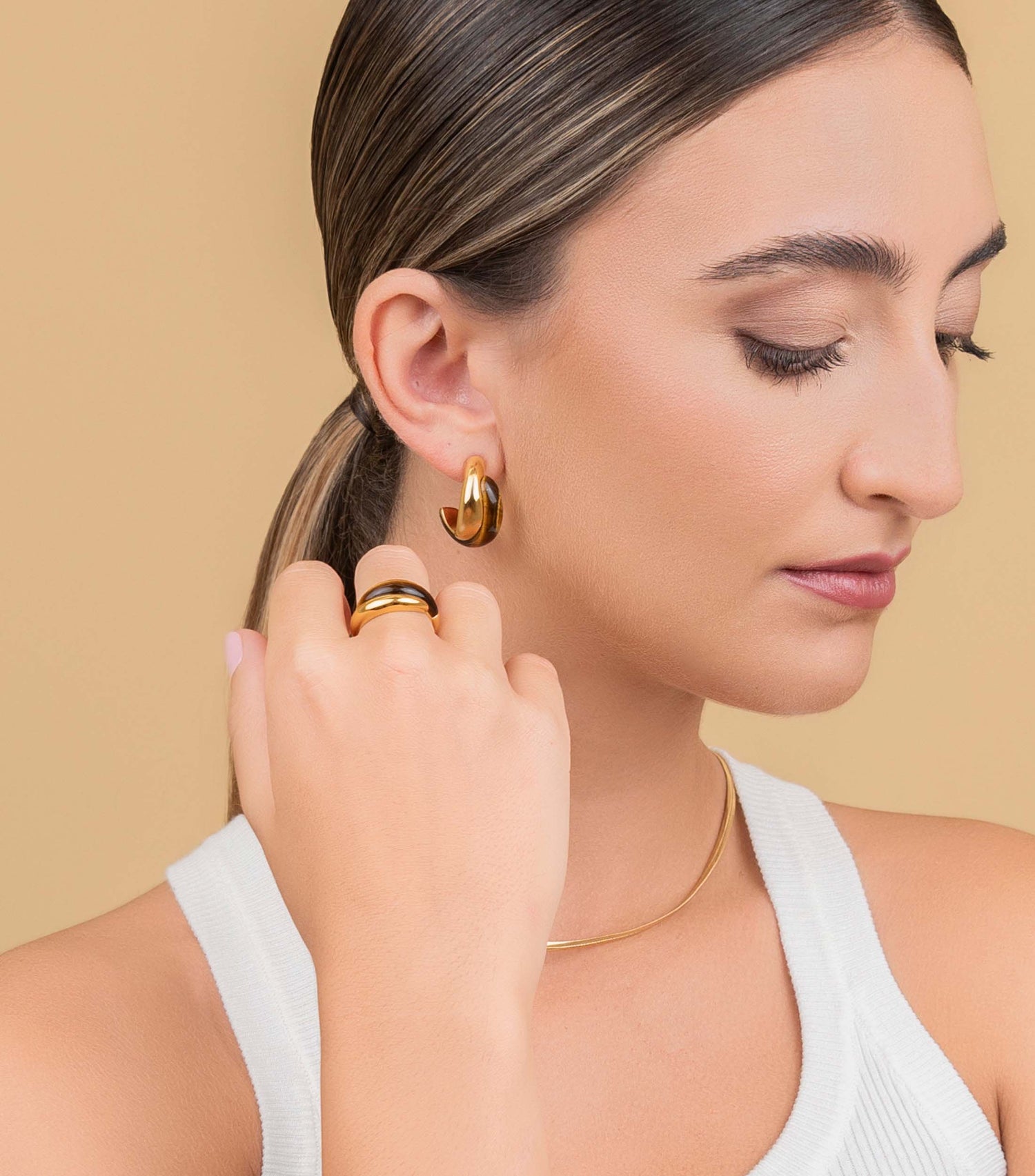 Tiger Eye Stone Entwined Hoops & Tiger Eye Entwined Ring Gift Set