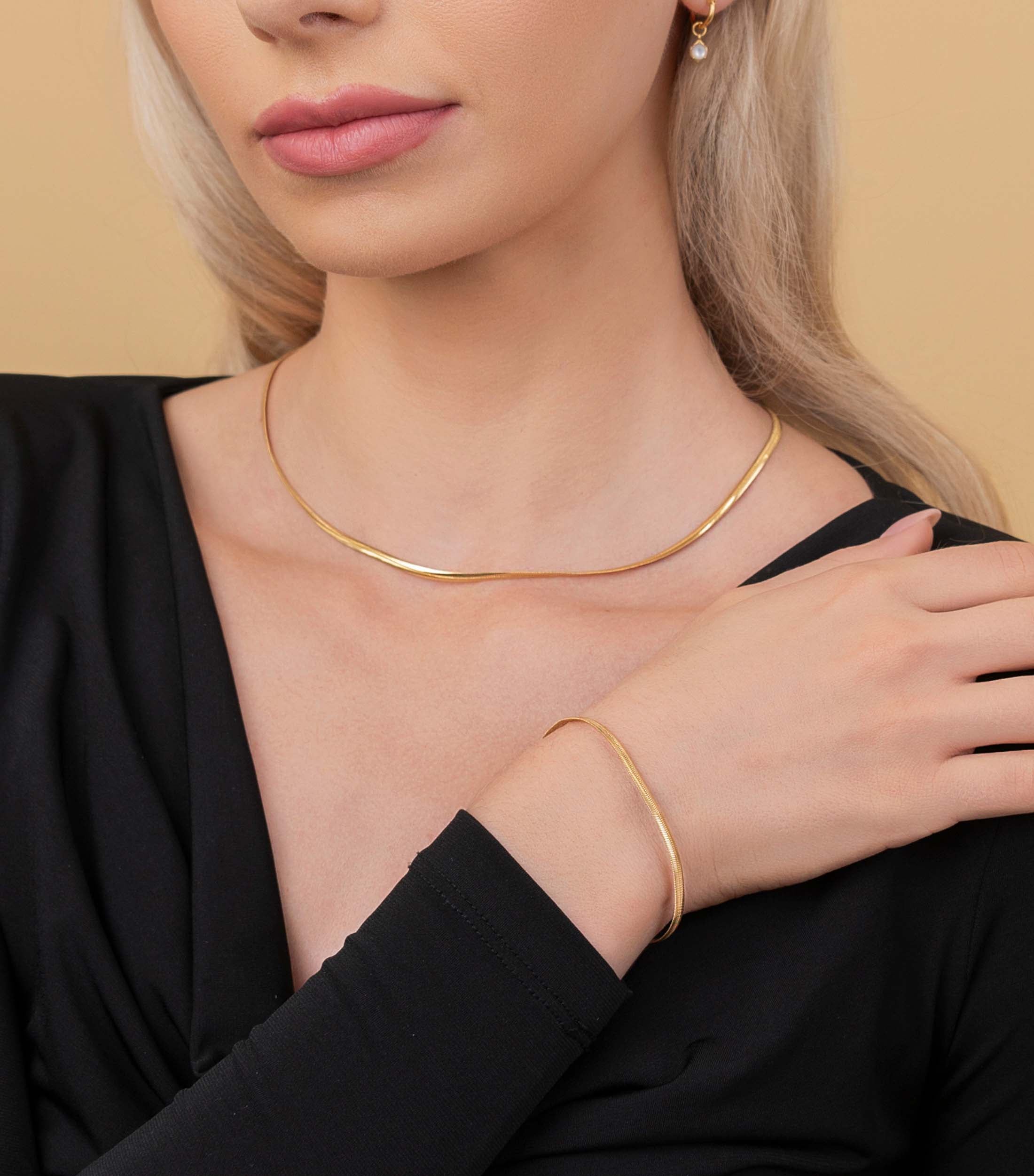 Vermeil Flat Snake Chain Necklace & Vermeil Flat Snake Chain Bracelet Gift Set