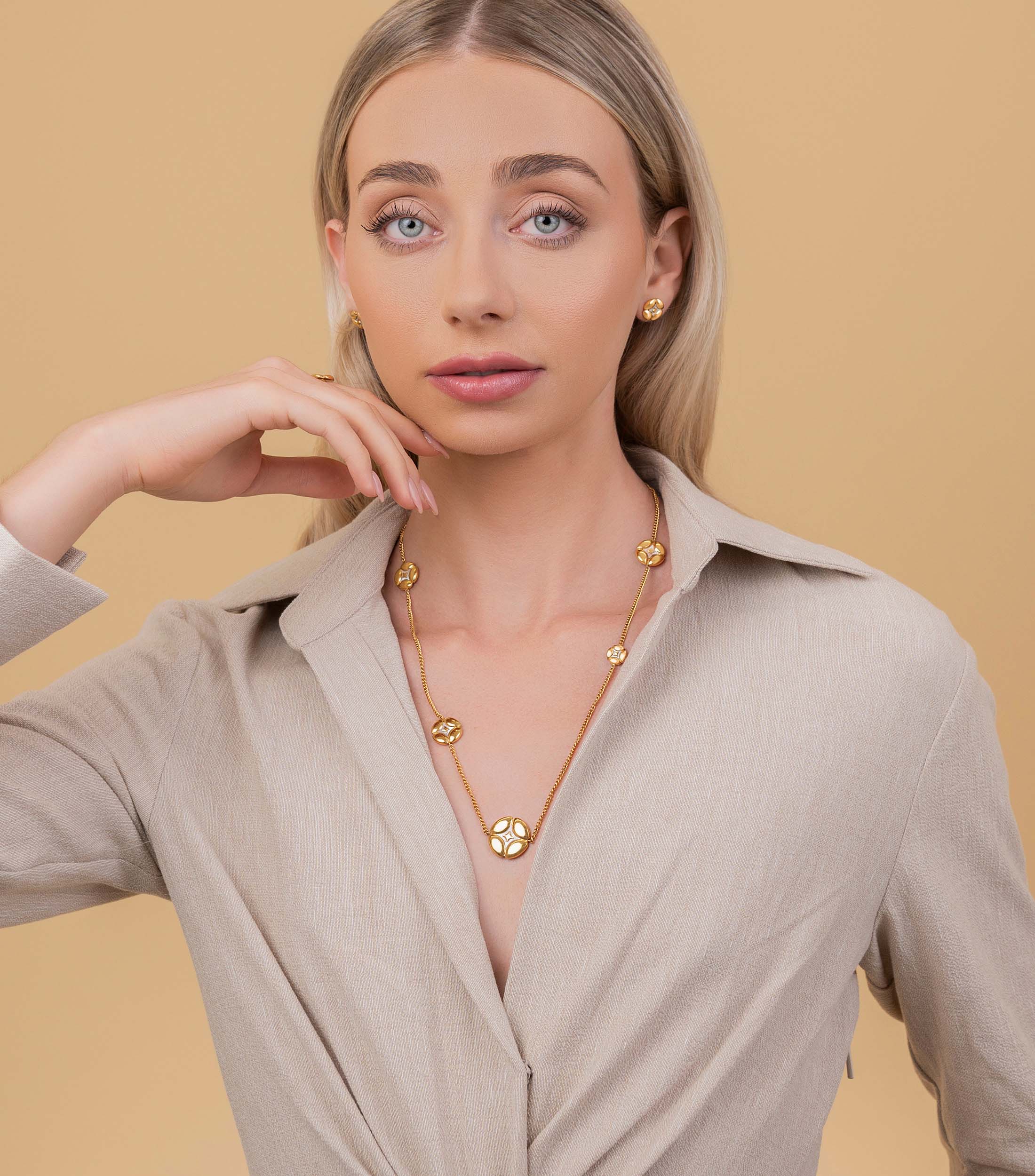 Mother of Pearl 5 Pillow Long Necklace & Mother of Pearl Pillow Stud Earrings Gift Set