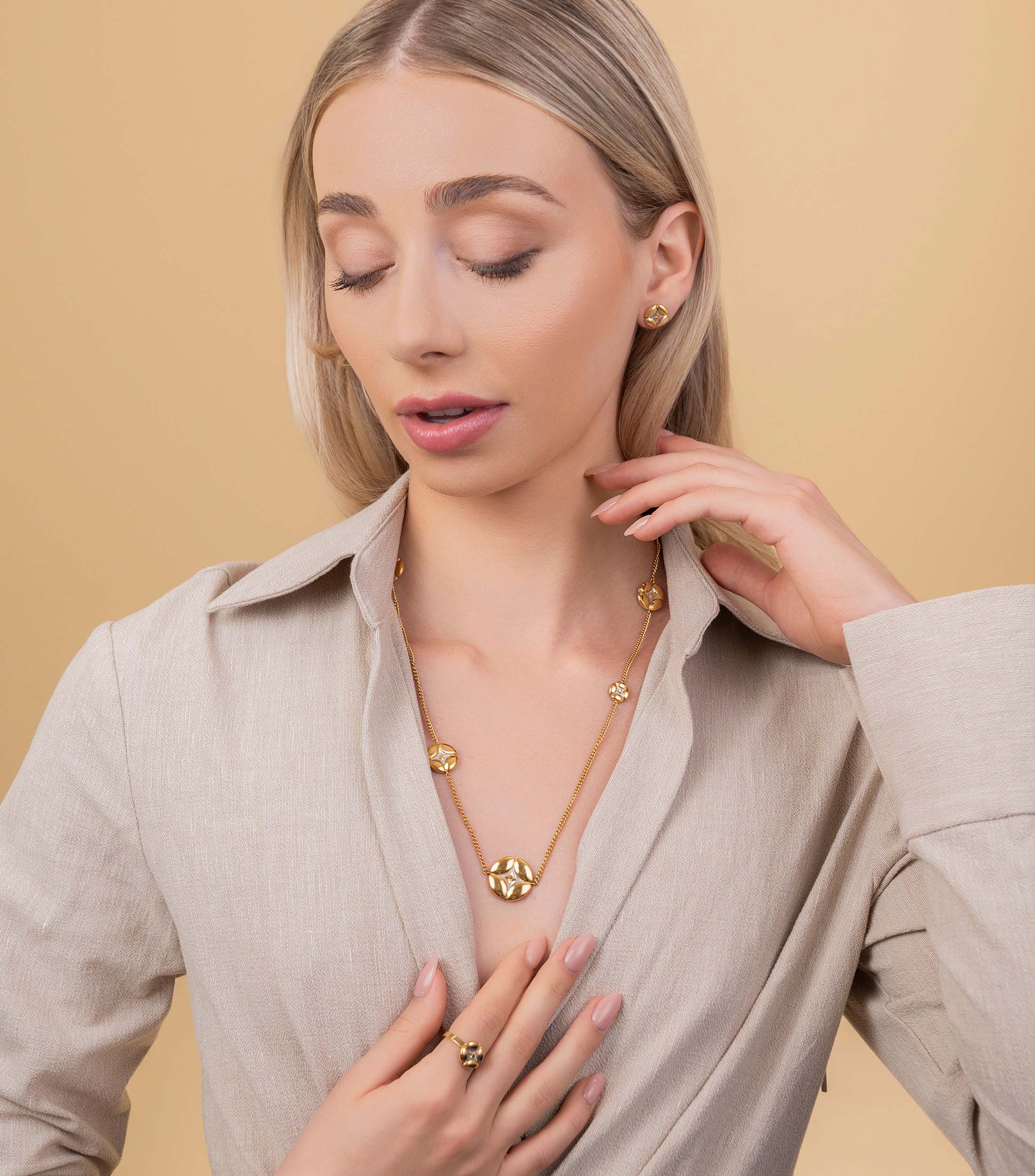 Mother of Pearl 5 Pillow Long Necklace & Mother of Pearl Pillow Stud Earrings Gift Set