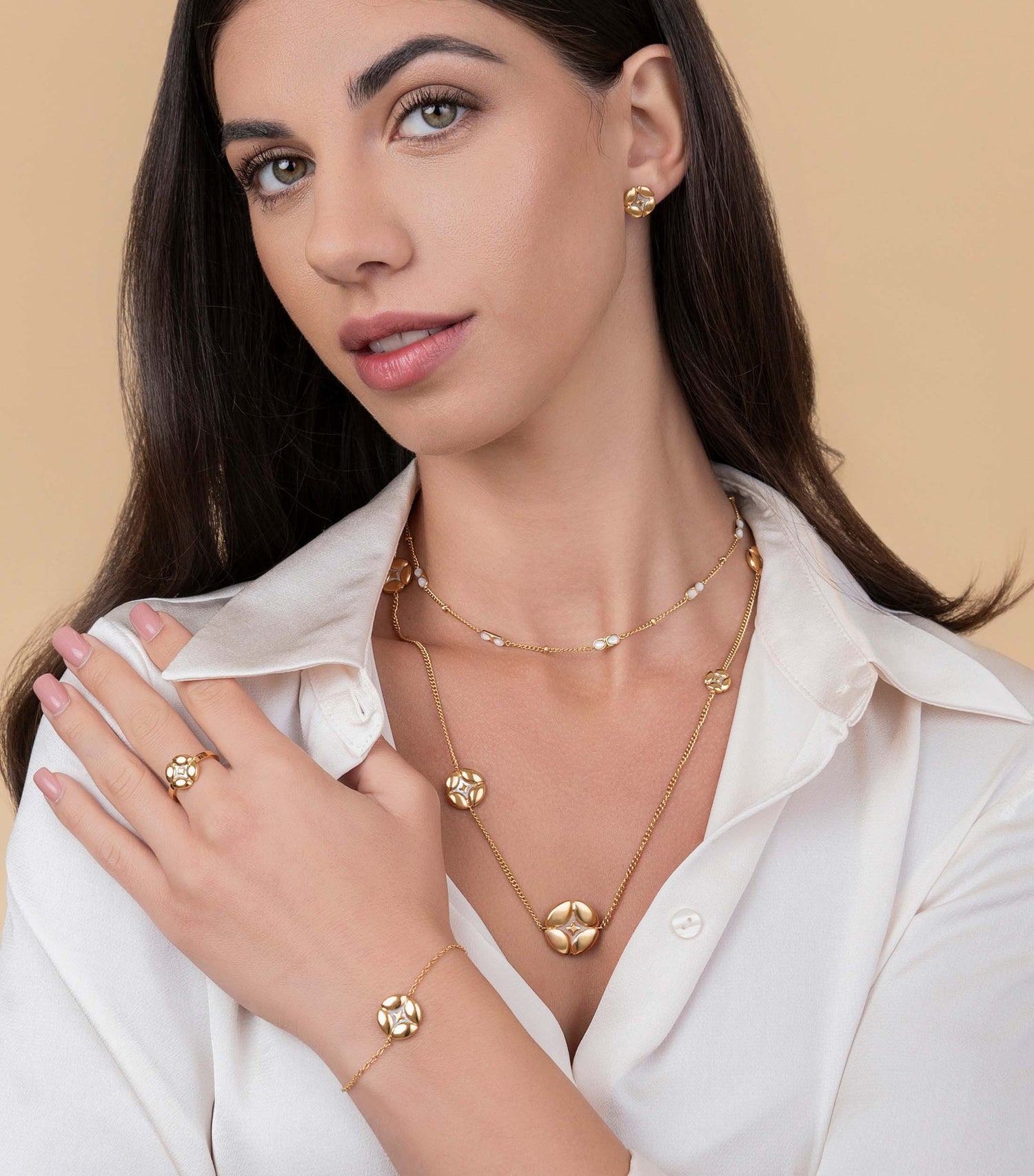 Mother of Pearl 5 Pillow Long Necklace & Mother of Pearl Pillow Stud Earrings Gift Set