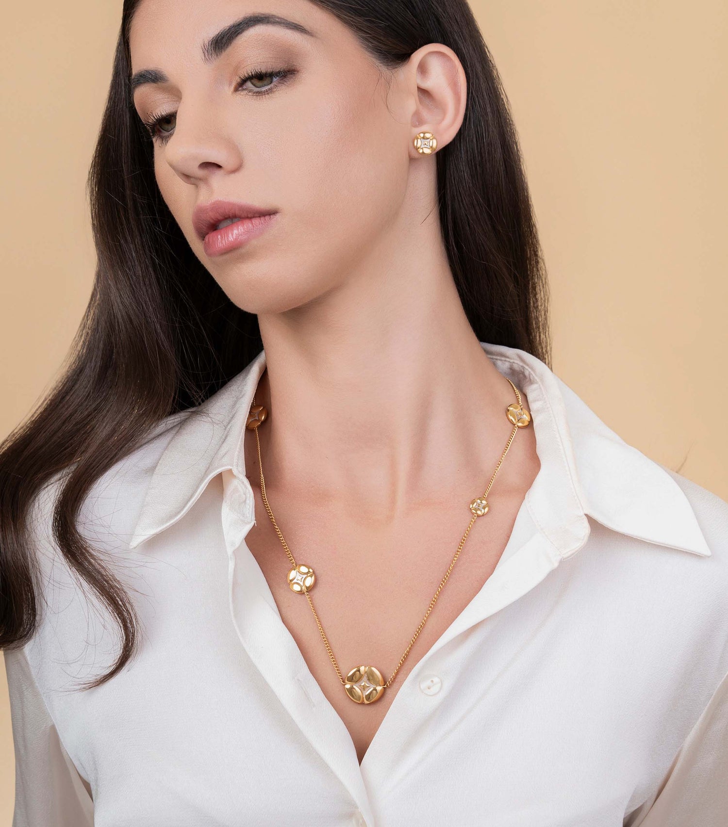 Mother of Pearl 5 Pillow Long Necklace & Mother of Pearl Pillow Stud Earrings Gift Set