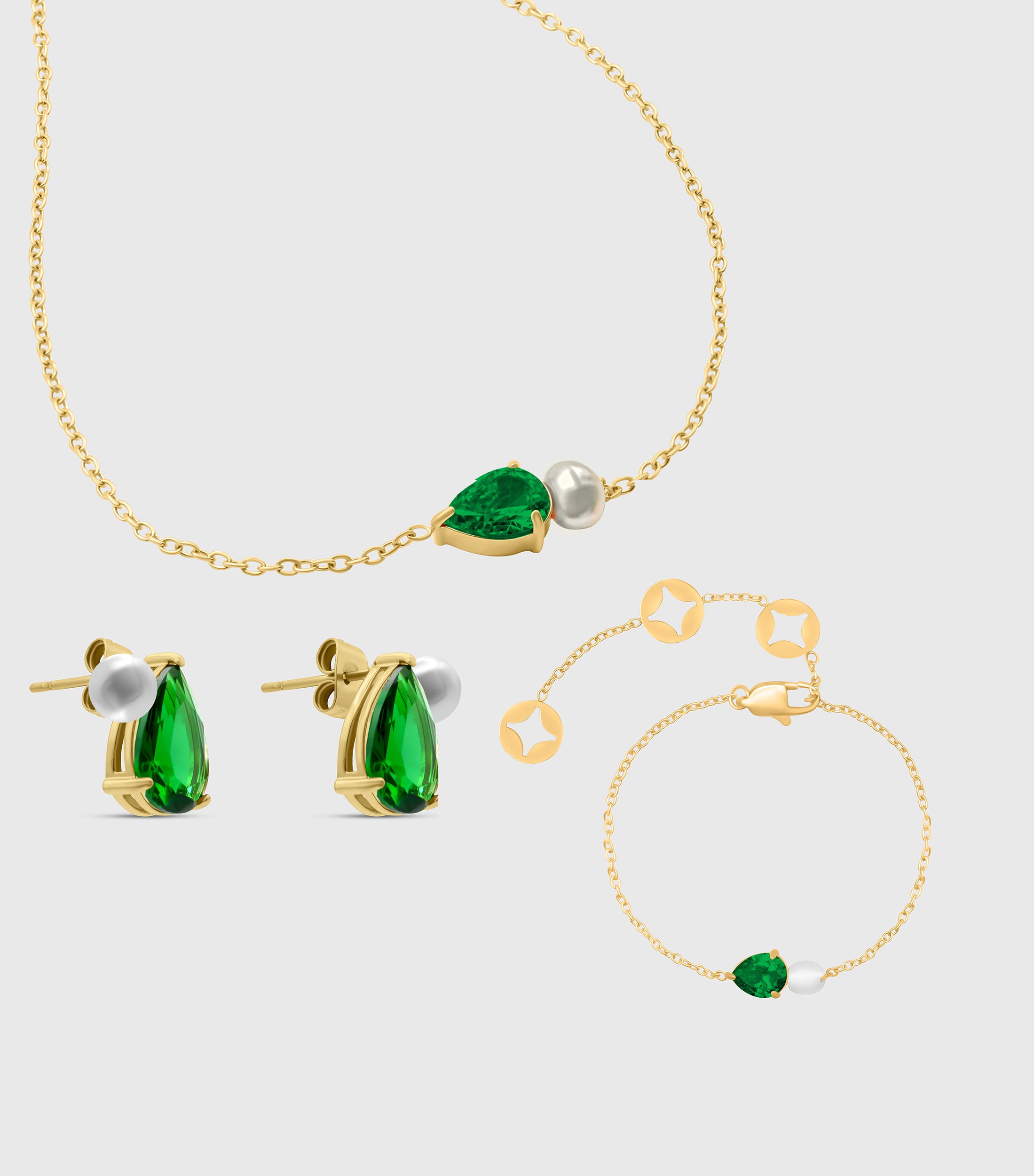 Emerald Pear-Cut Zirconia & Pearl in Gold Set