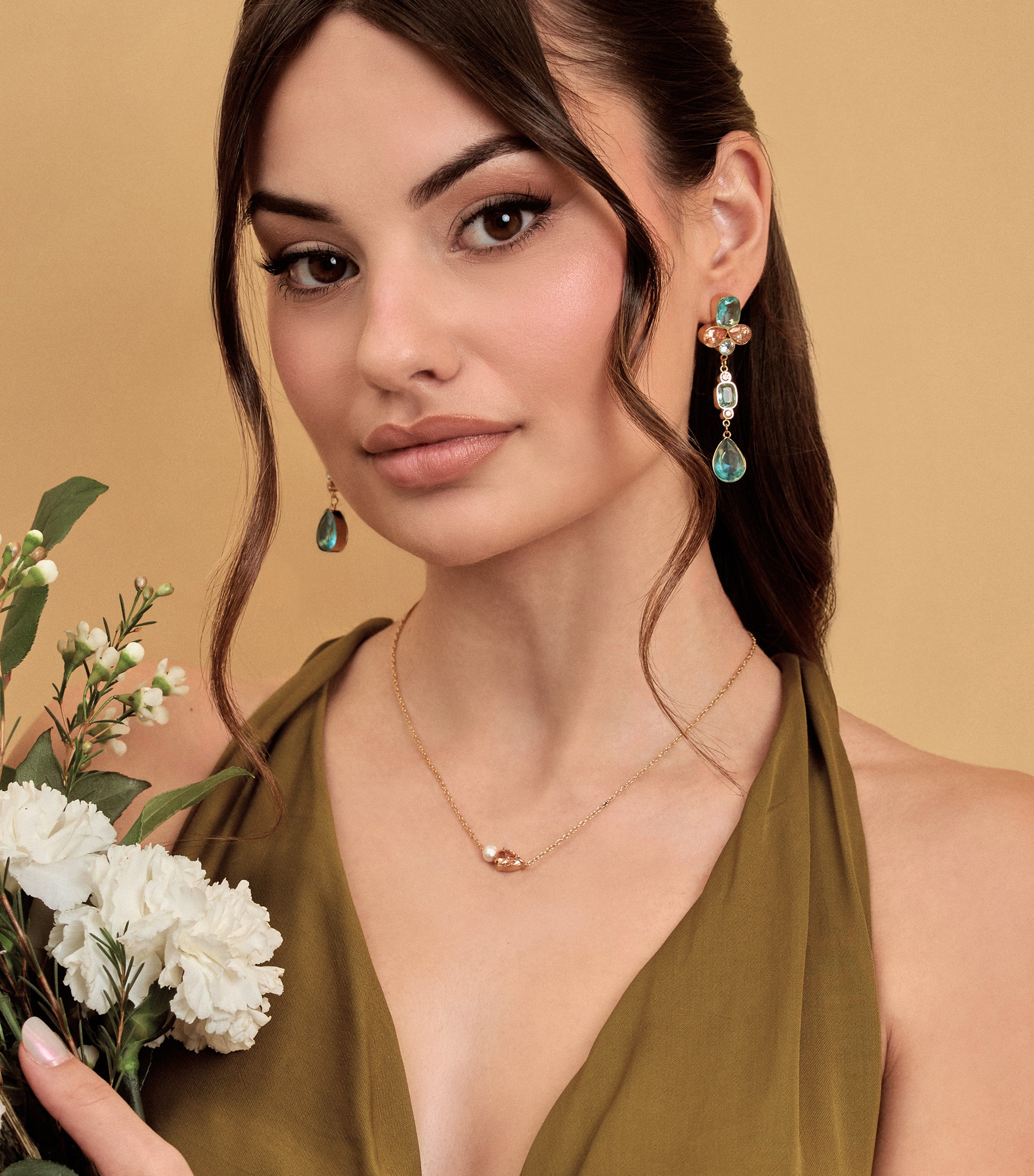 Chandelier Earrings in Turquoise & Peach Zirconias