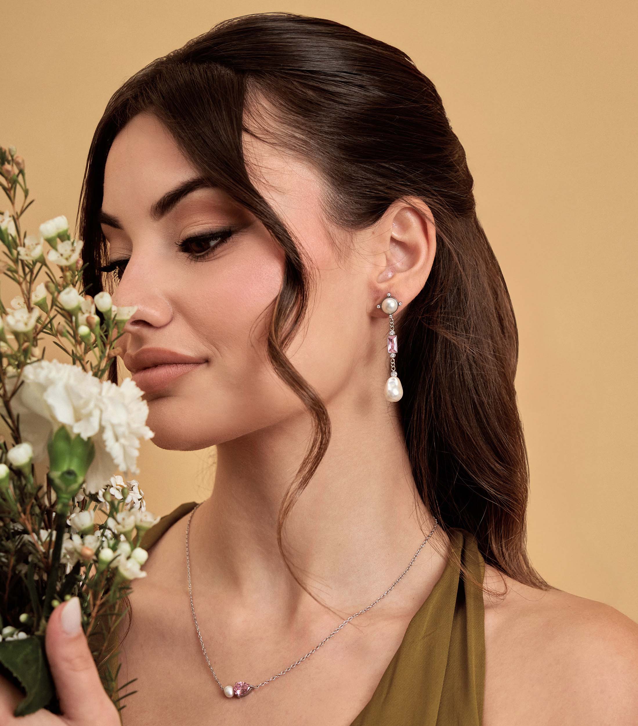 Pink Pear-Cut Zirconia & Pearl Necklace in Silver