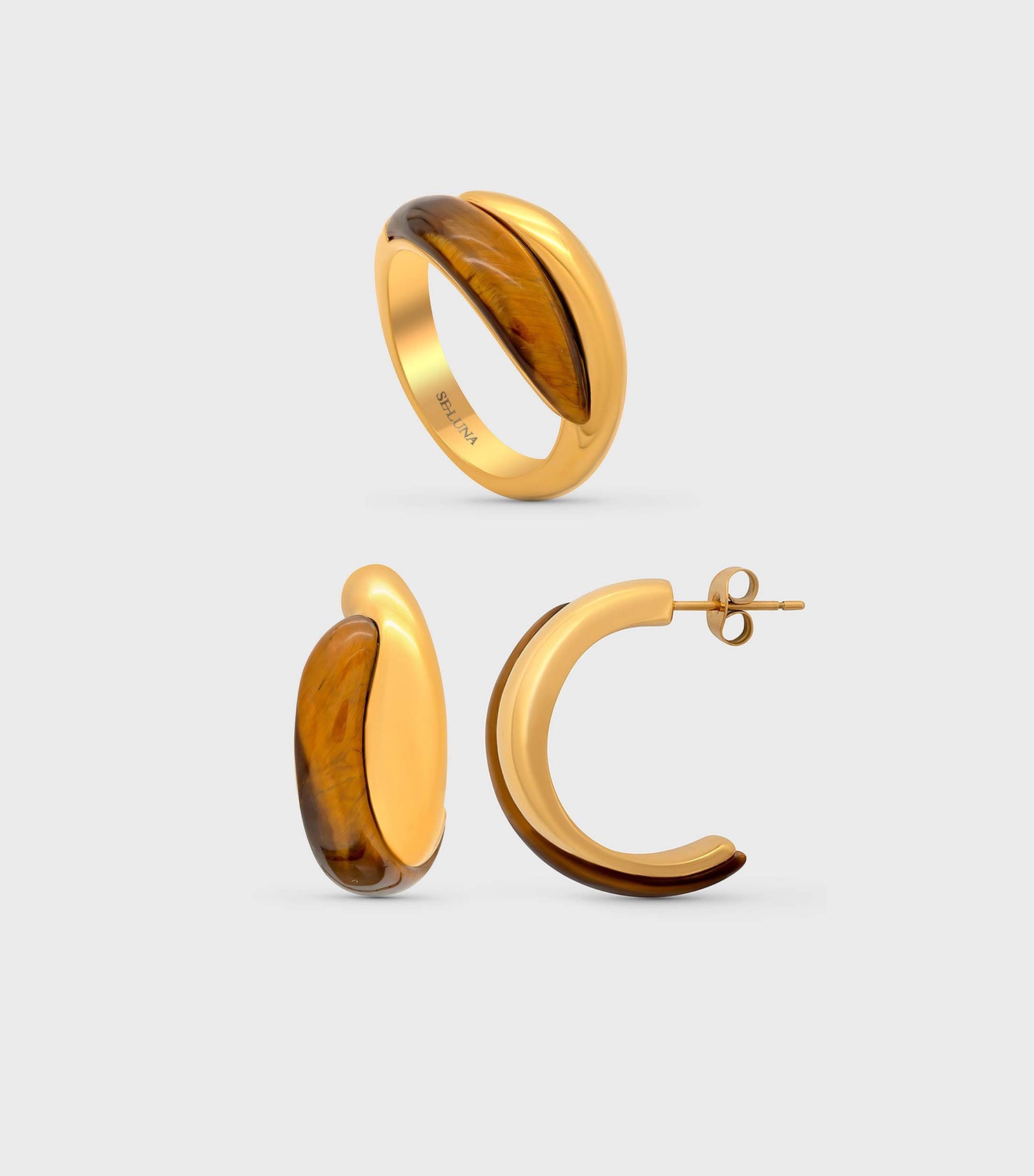 Tiger Eye Stone Entwined Hoops & Tiger Eye Entwined Ring Gift Set