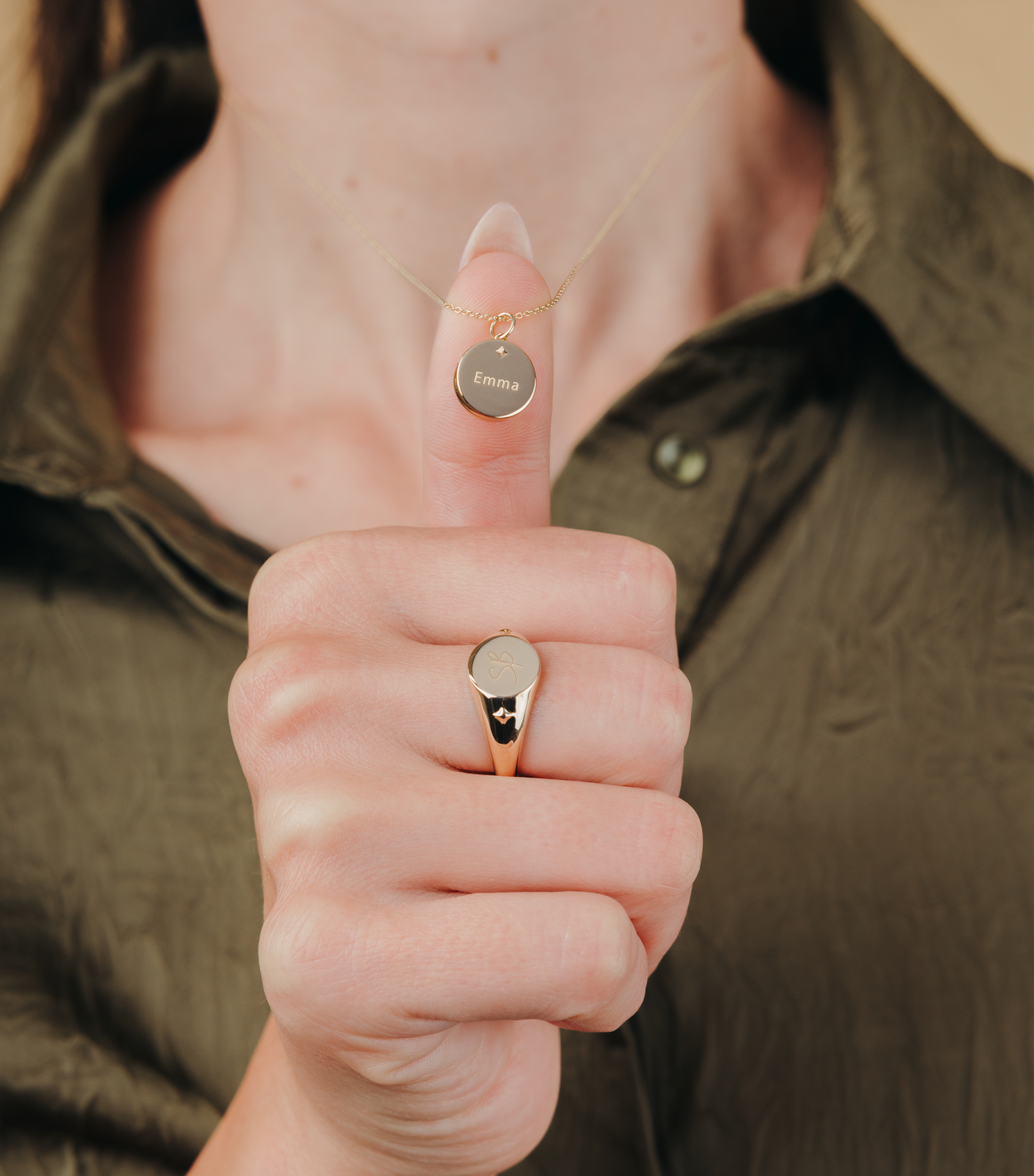 9K Solid Gold Script & Engraving Locket Pendant with Se-Luna Motif