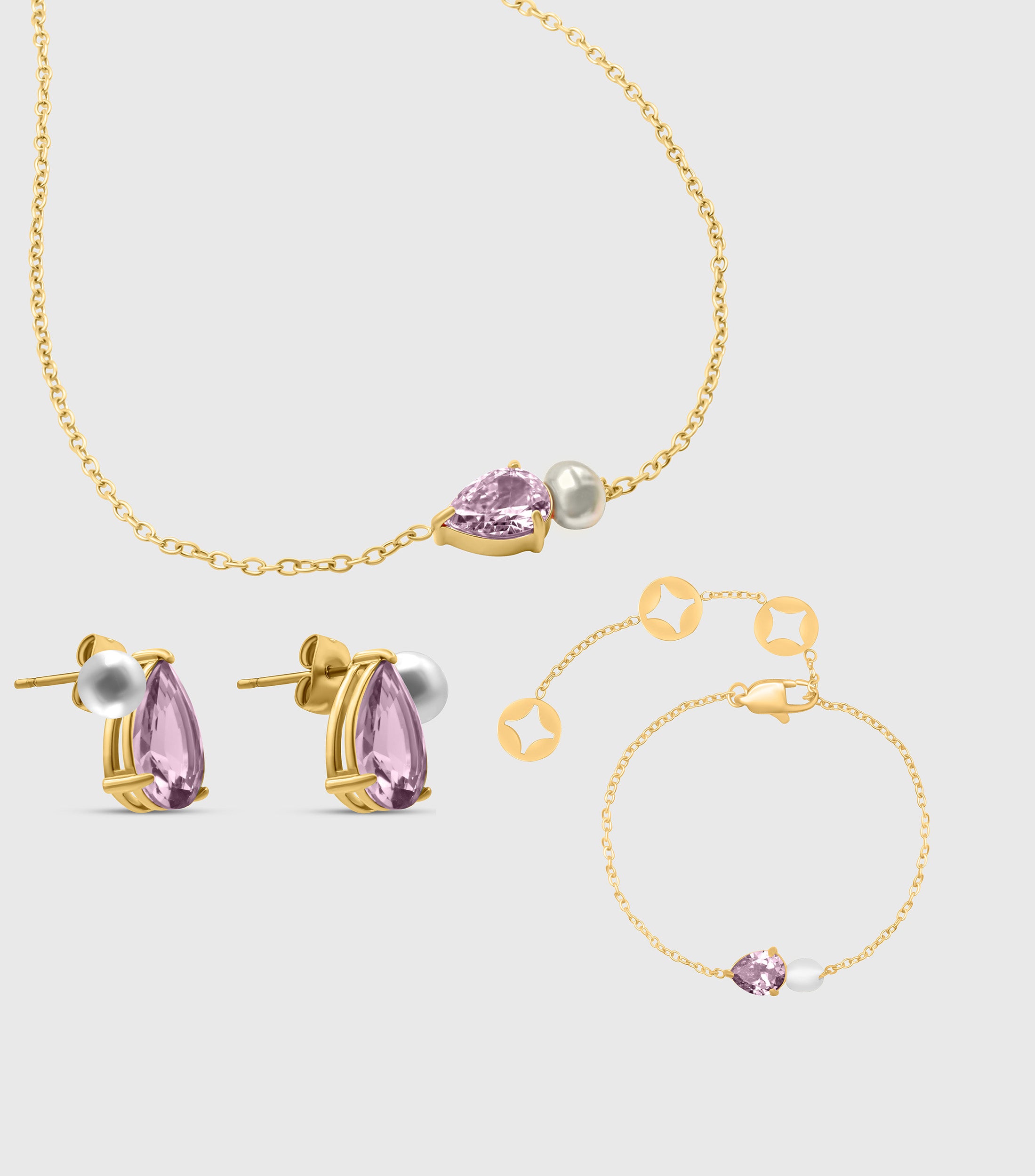 Pink Pear-Cut Zirconia & Pearl in Gold Set