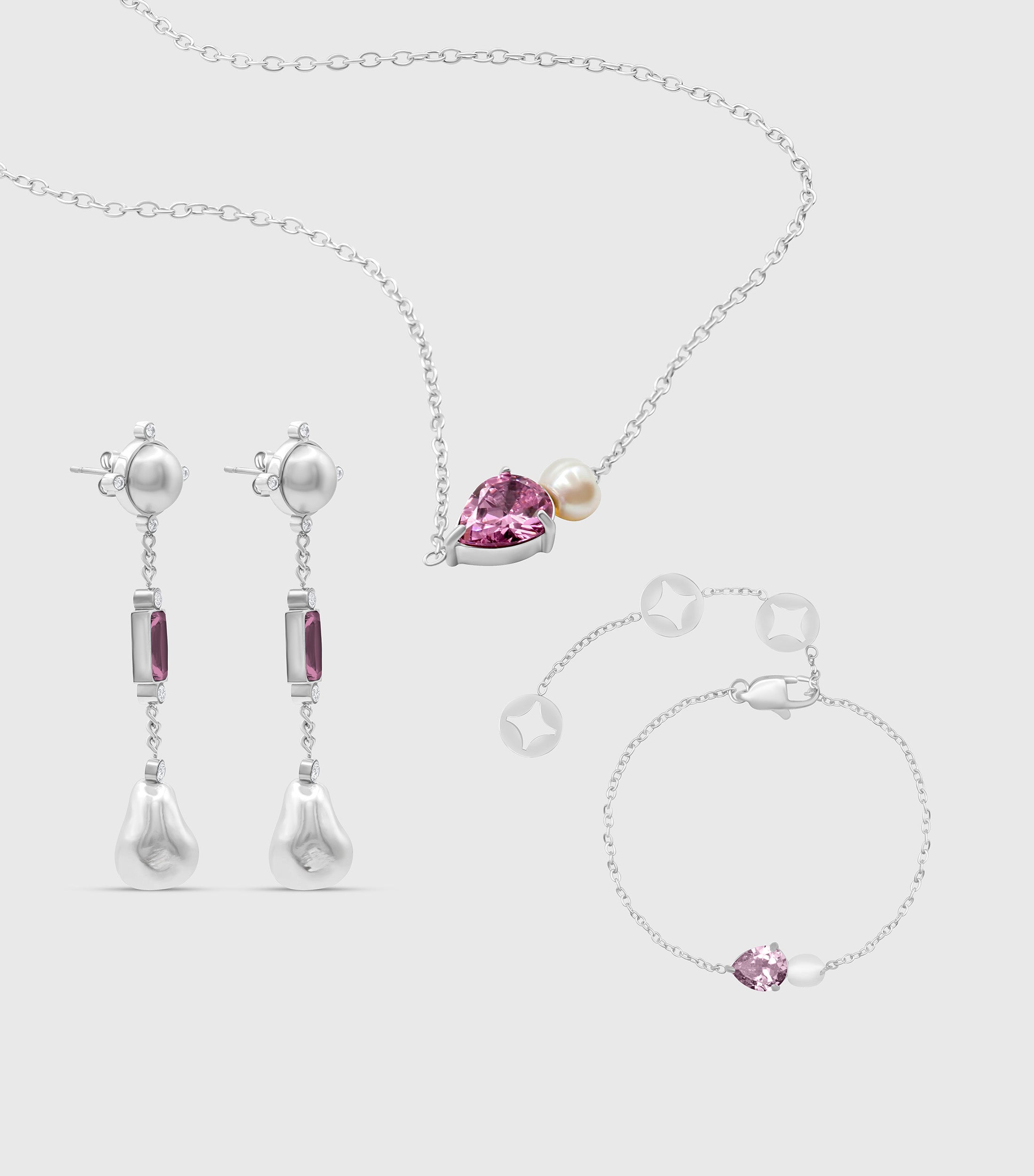 Pink Pear-Cut Zirconia & Pearl Necklace in Silver