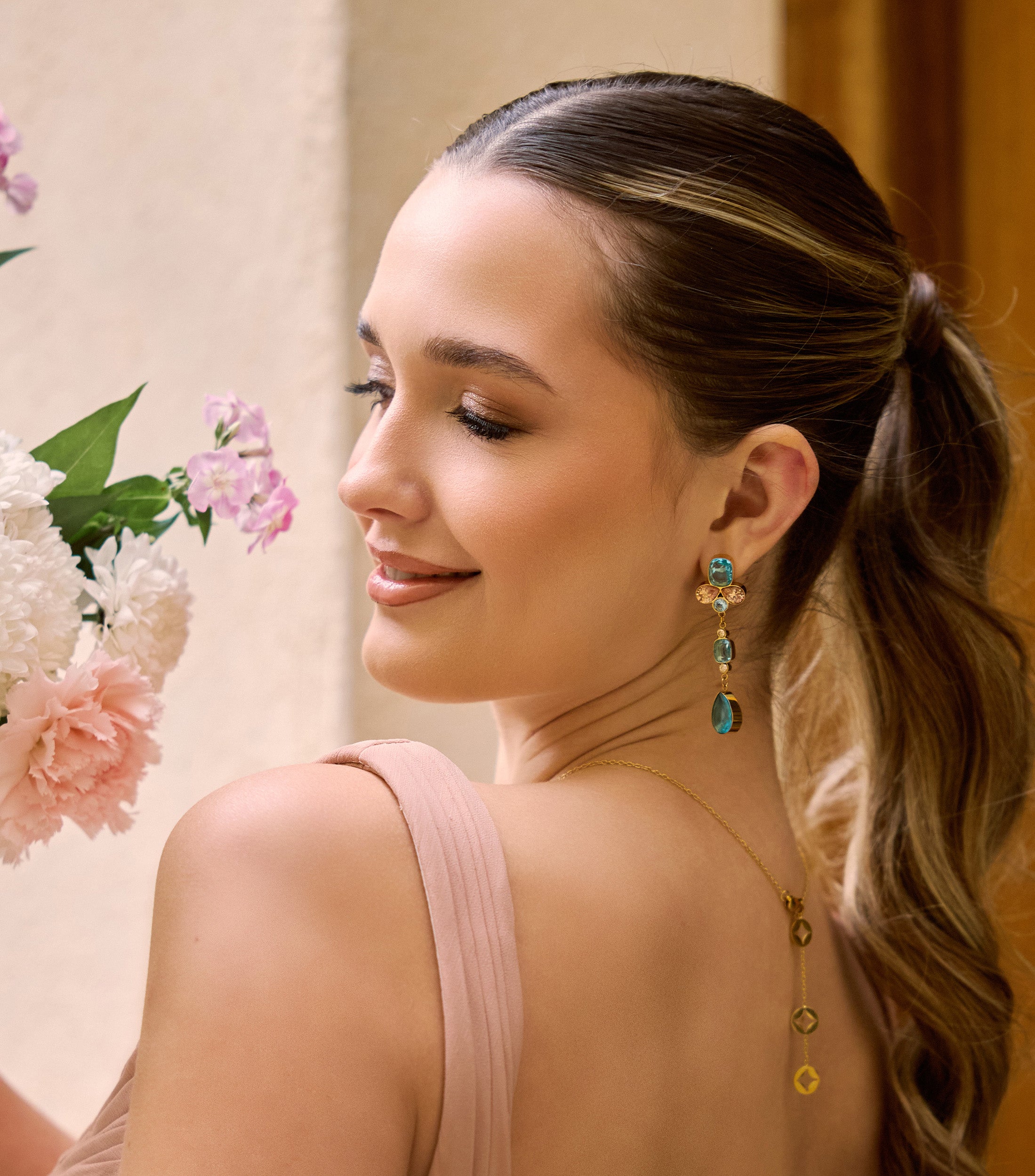 Chandelier Earrings in Turquoise & Peach Zirconias