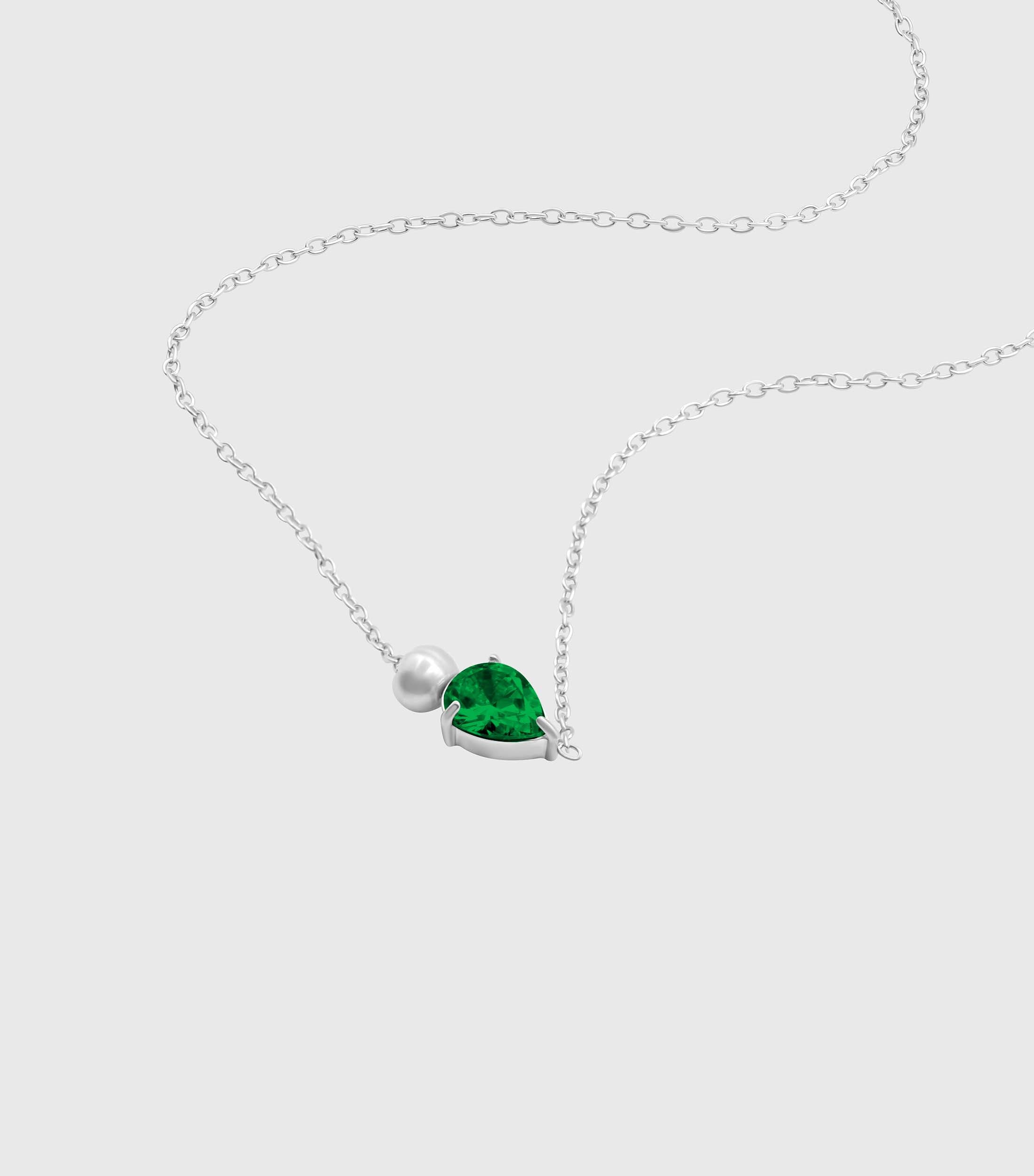 Emerald Pear-Cut Zirconia & Pearl Necklace in Silver