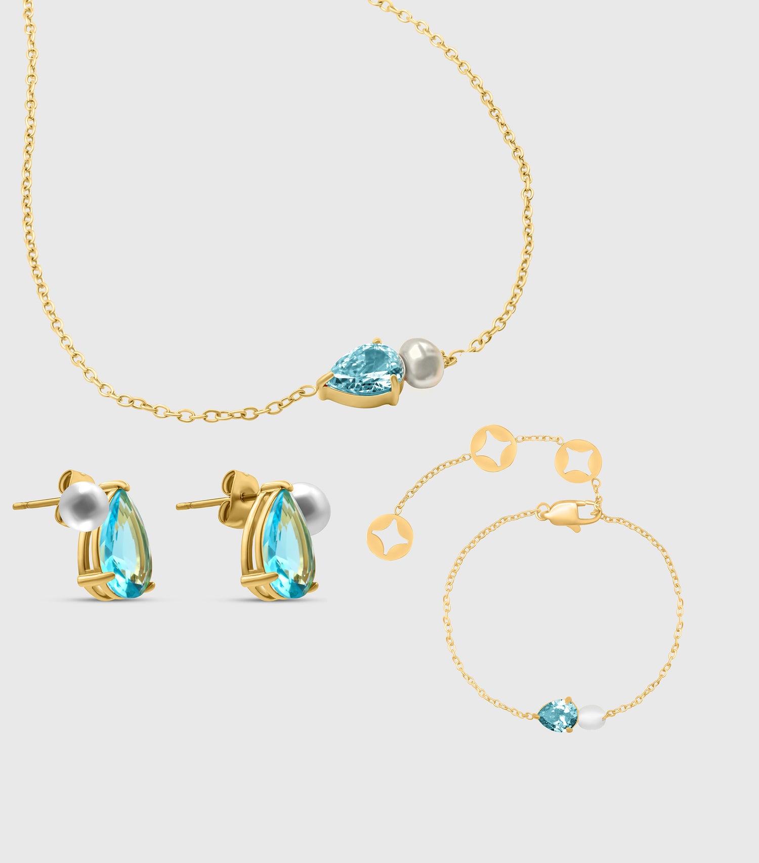 Turquoise Pear-Cut Zirconia &amp; Pearl in Gold Set