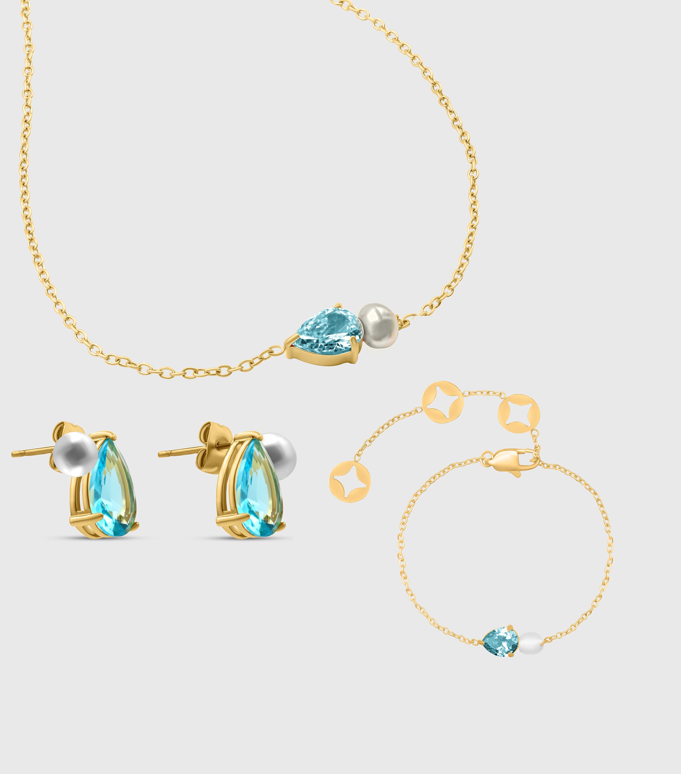Turquoise Pear-Cut Zirconia &amp; Pearl in Gold Set