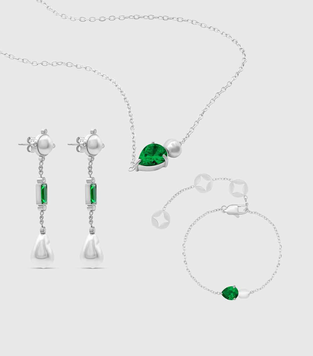 Emerald Pear-Cut Zirconia &amp; Pearl Necklace in Silver