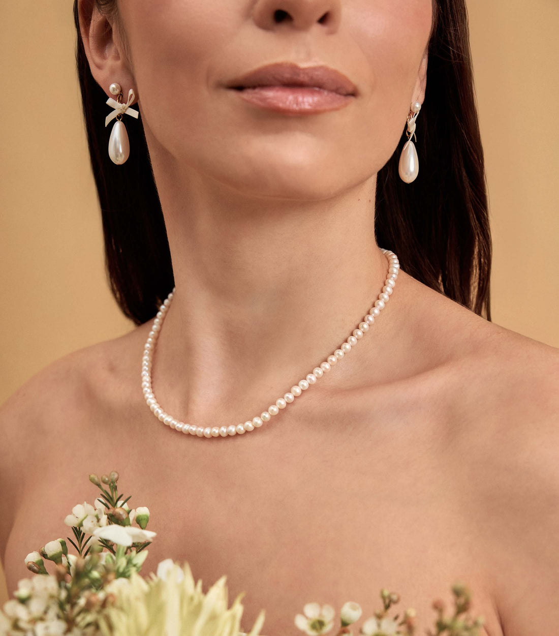 Pearl Drop Studs with Silk Bow in Gold