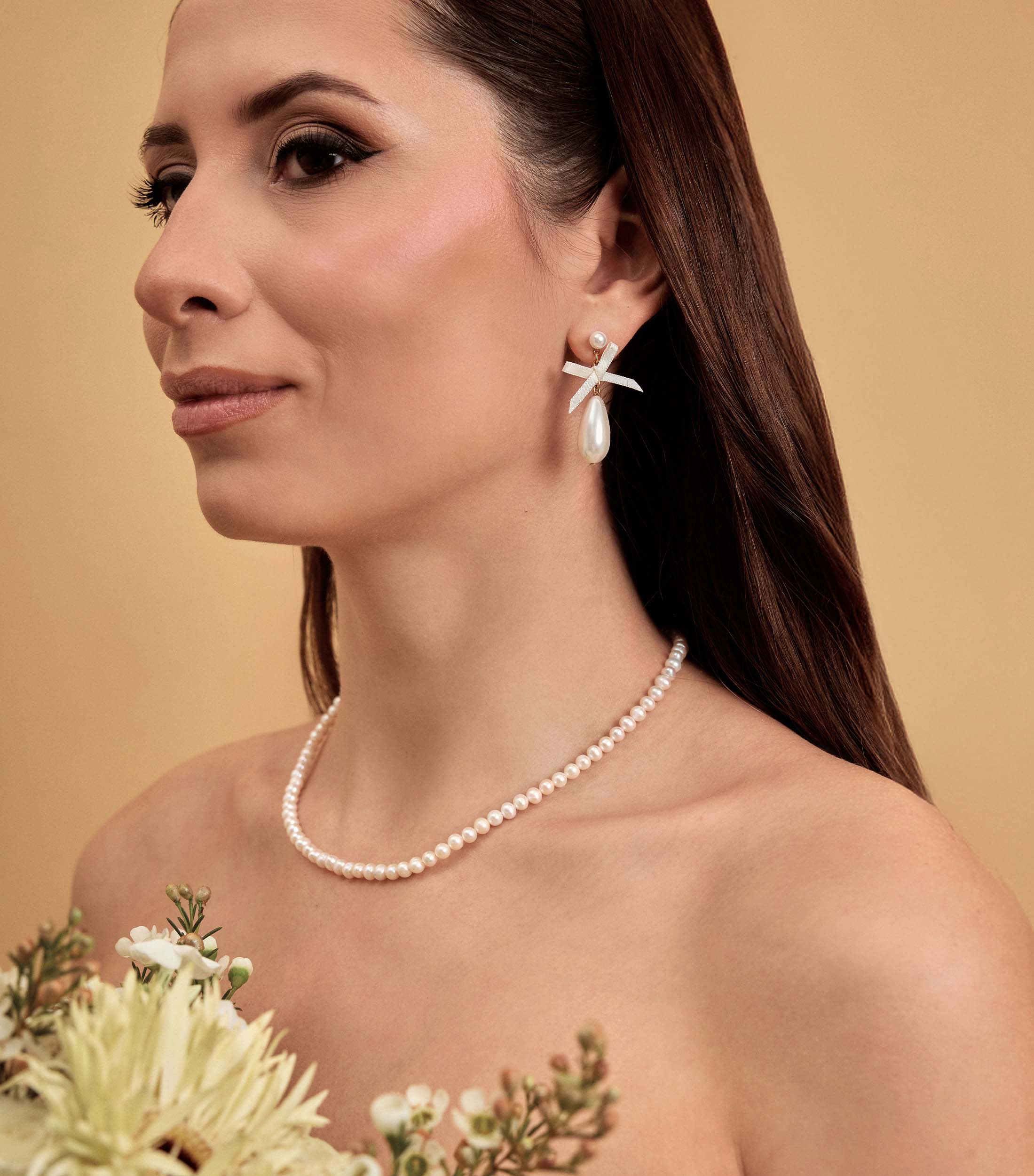 Pearl Drop Studs with Silk Bow in Gold