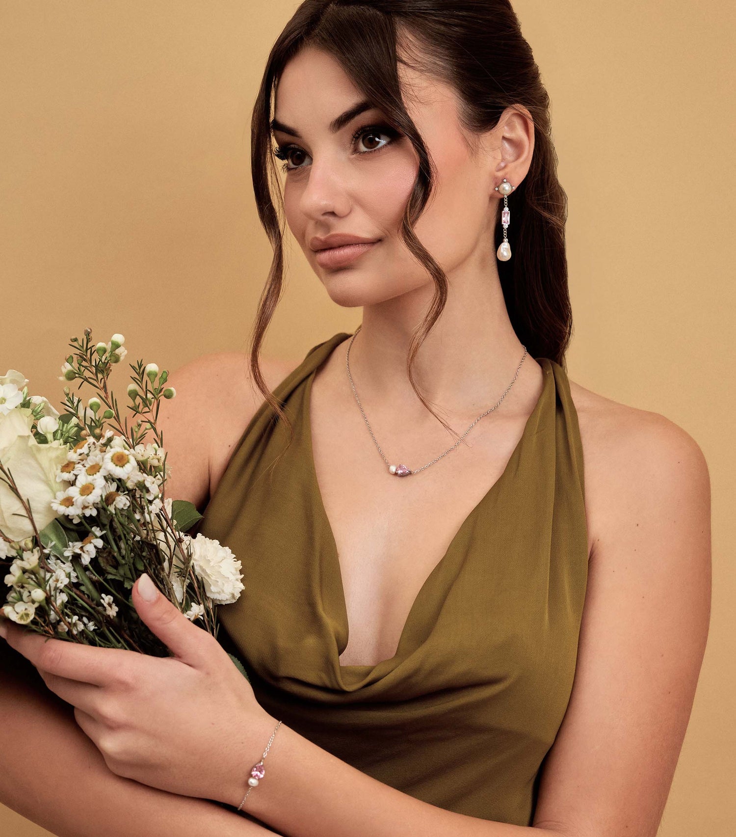 Pink Pear-Cut Zirconia &amp; Pearl Bracelet in Silver