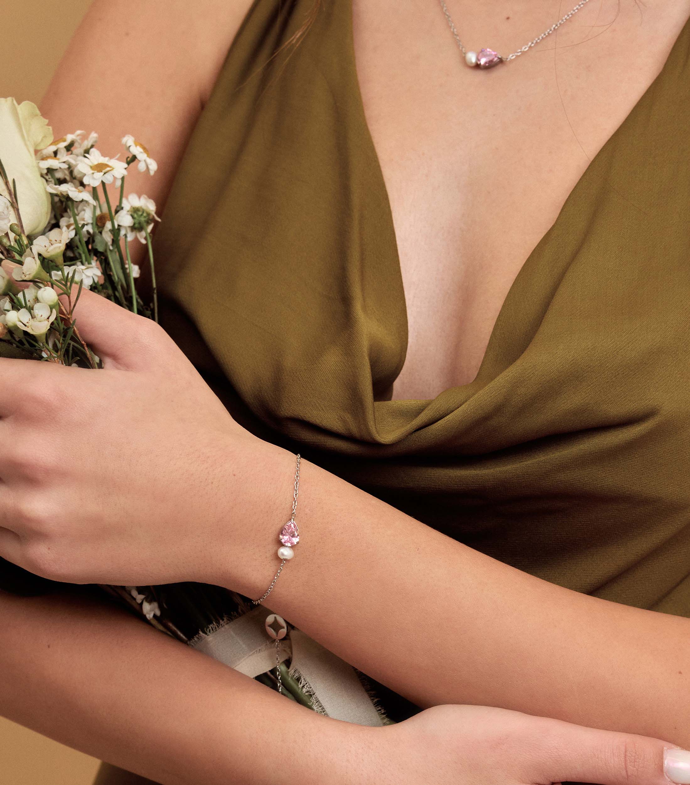 Pink Pear-Cut Zirconia &amp; Pearl Bracelet in Silver