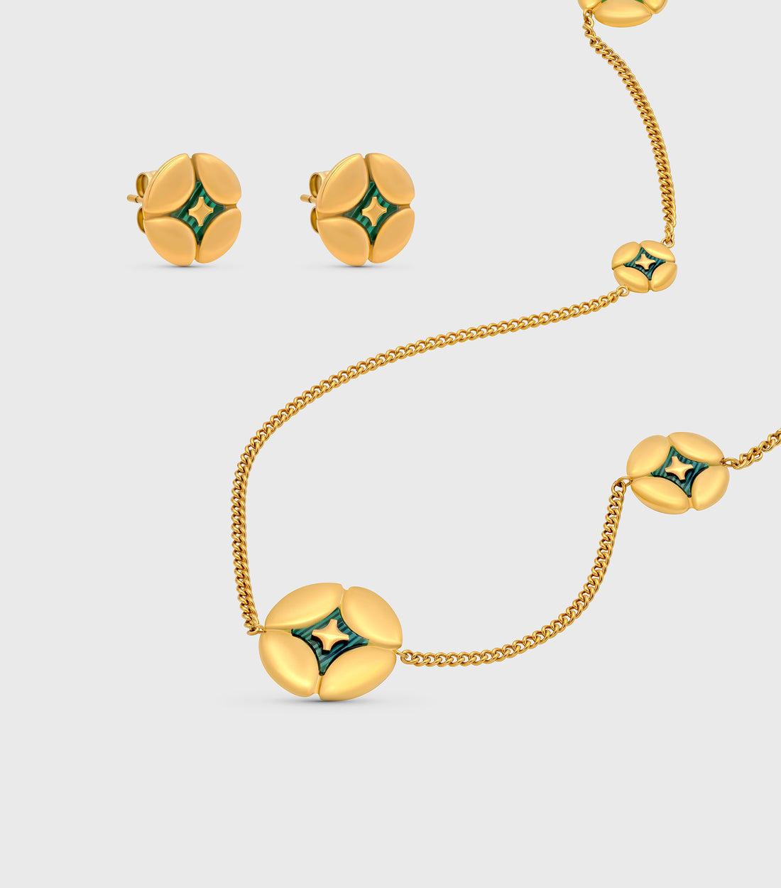 Malachite 5 Pillow Long Necklace & Malachite Pillow Stud Earrings Gift Set