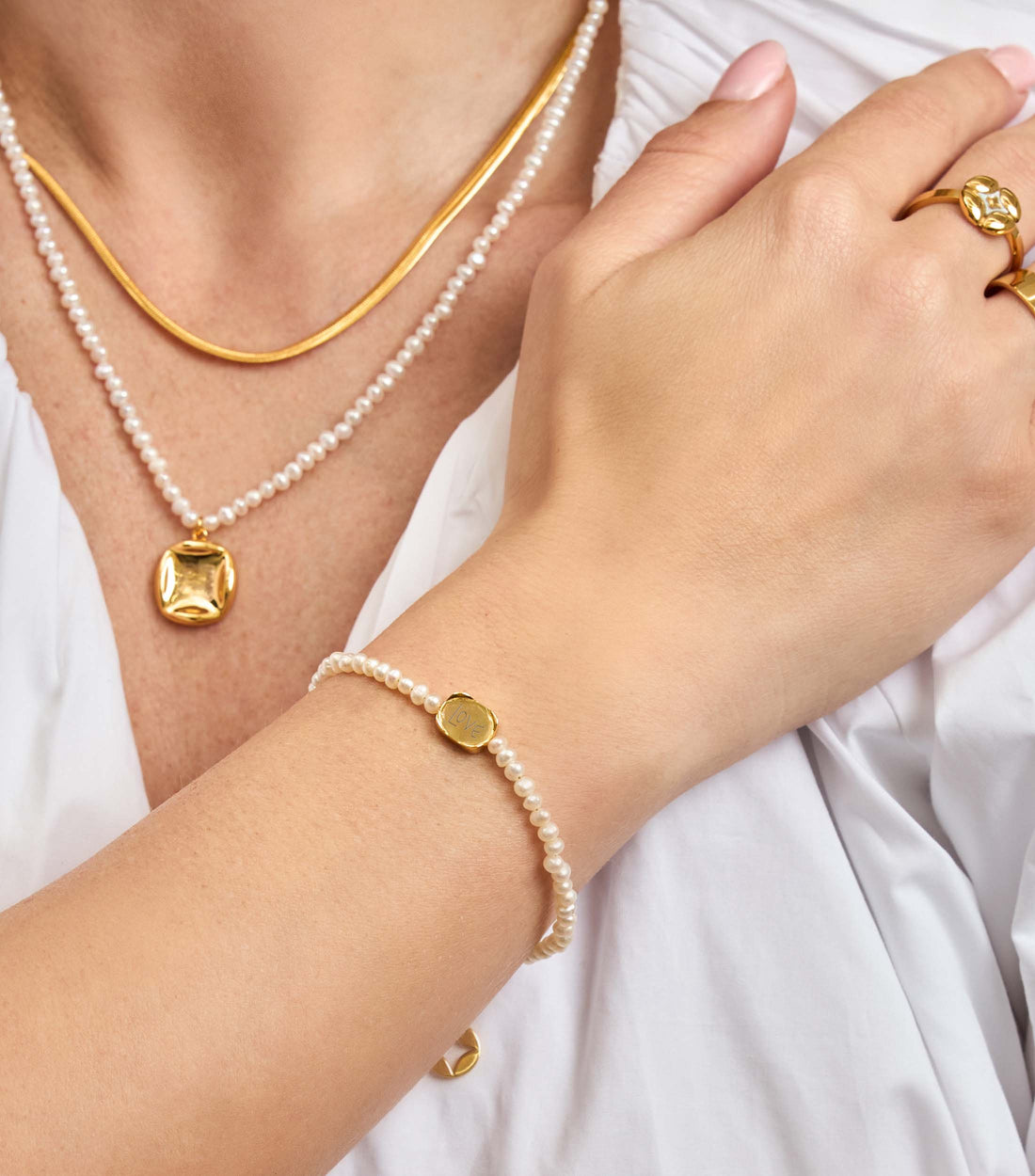 Vermeil Celestial Script &amp; Engraving Pendant Pearl Bracelet