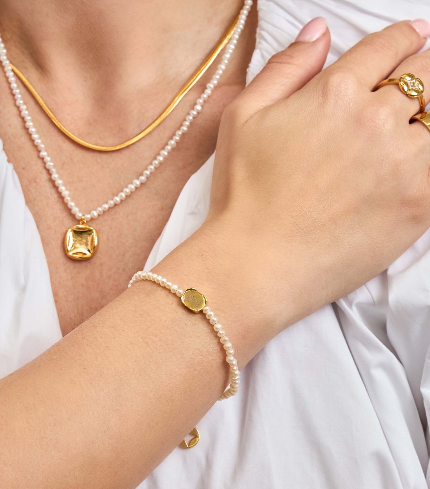 Vermeil Celestial Script &amp; Engraving Pendant Pearl Bracelet