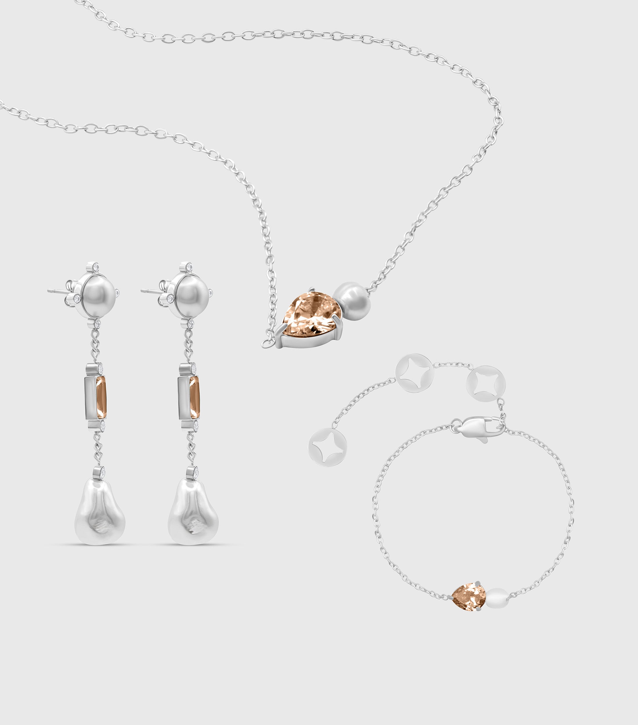 Peach Pear-Cut Zirconia &amp; Pearl in Silver Set