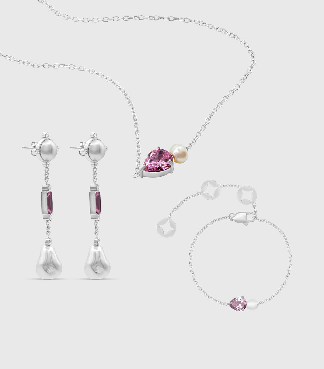 Pink Pear-Cut Zirconia &amp; Pearl Necklace in Silver