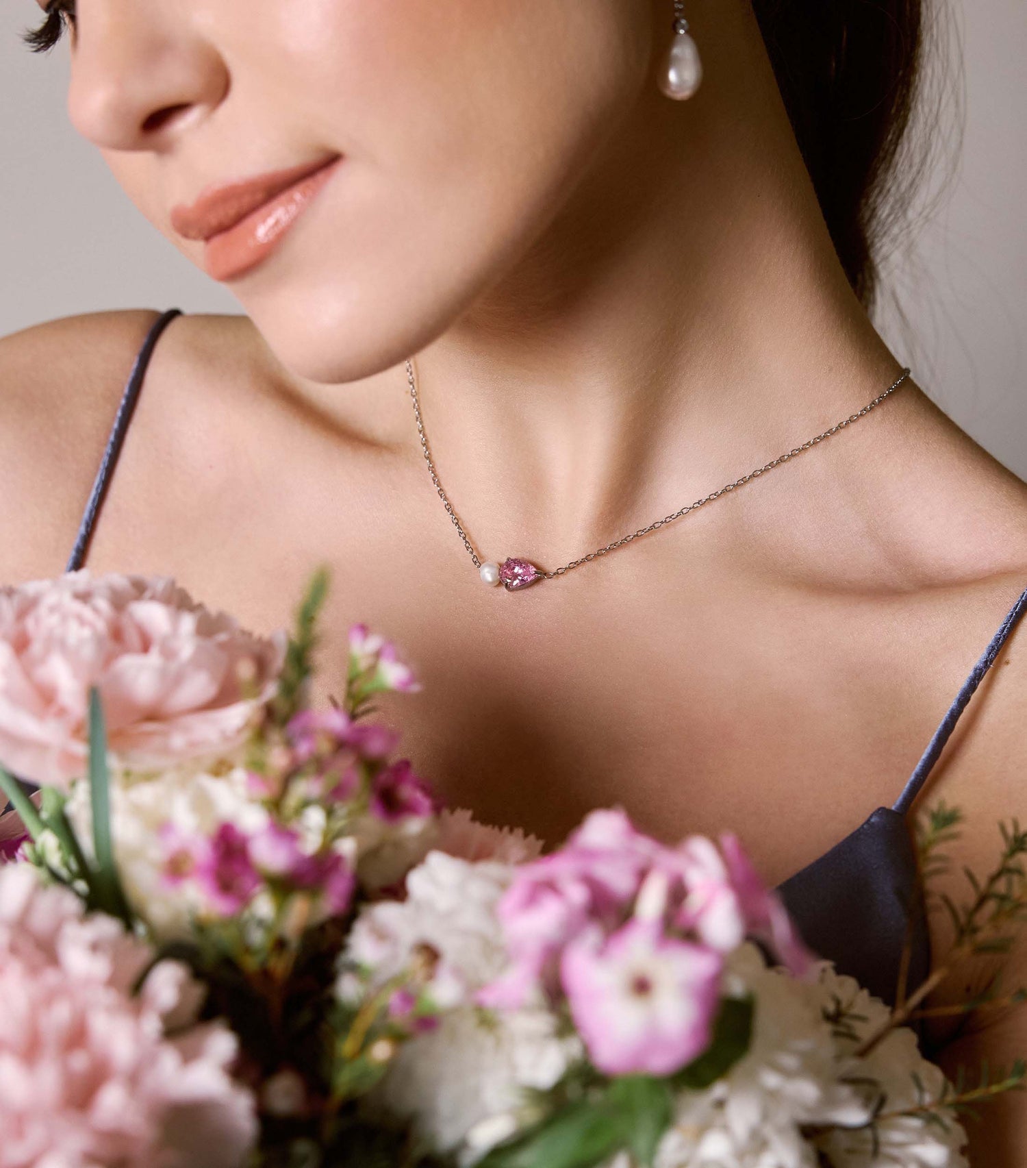 Pink Pear-Cut Zirconia &amp; Pearl Necklace in Silver