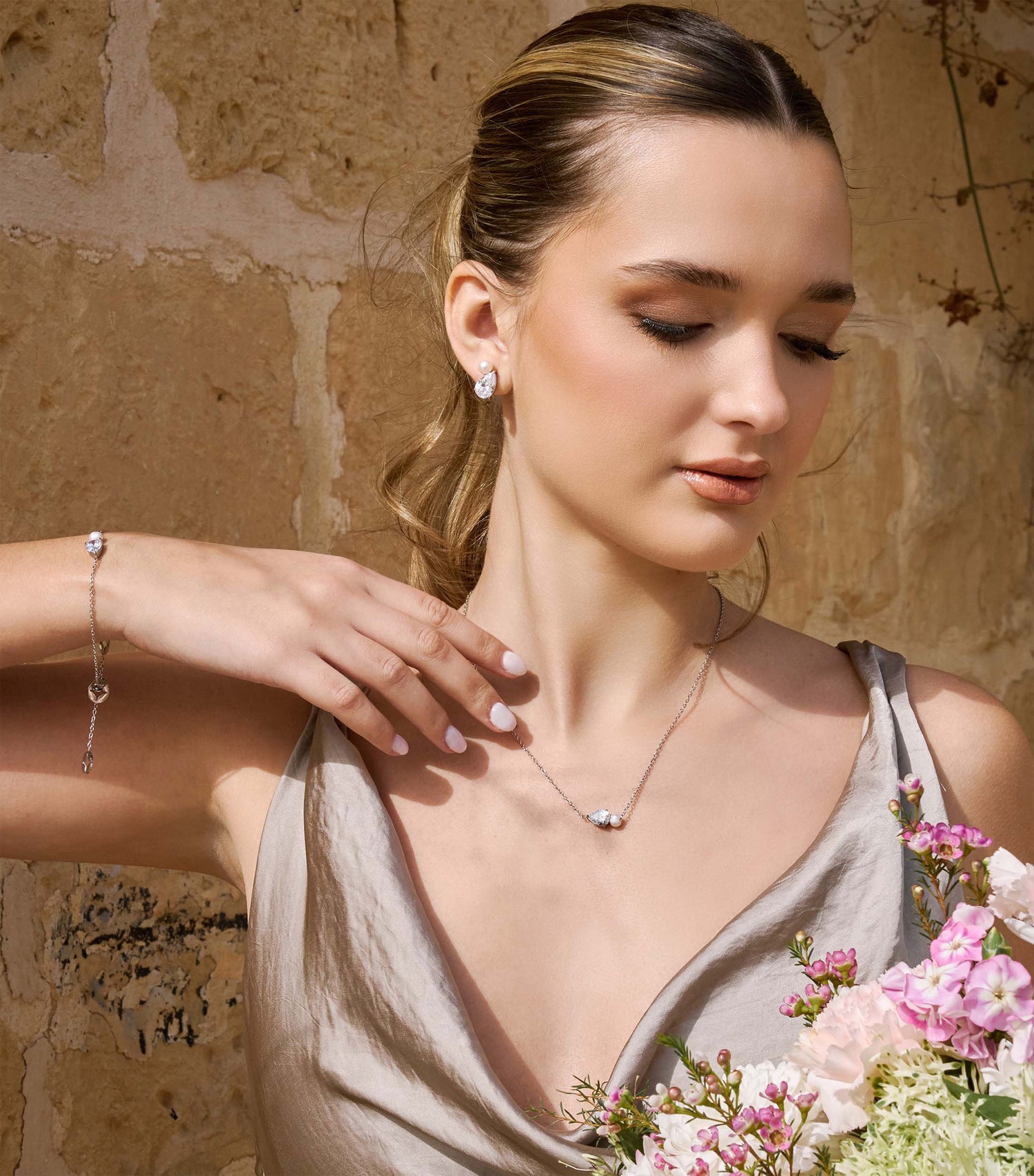 Clear Pear-Cut Zirconia &amp; Pearl Bracelet in Silver
