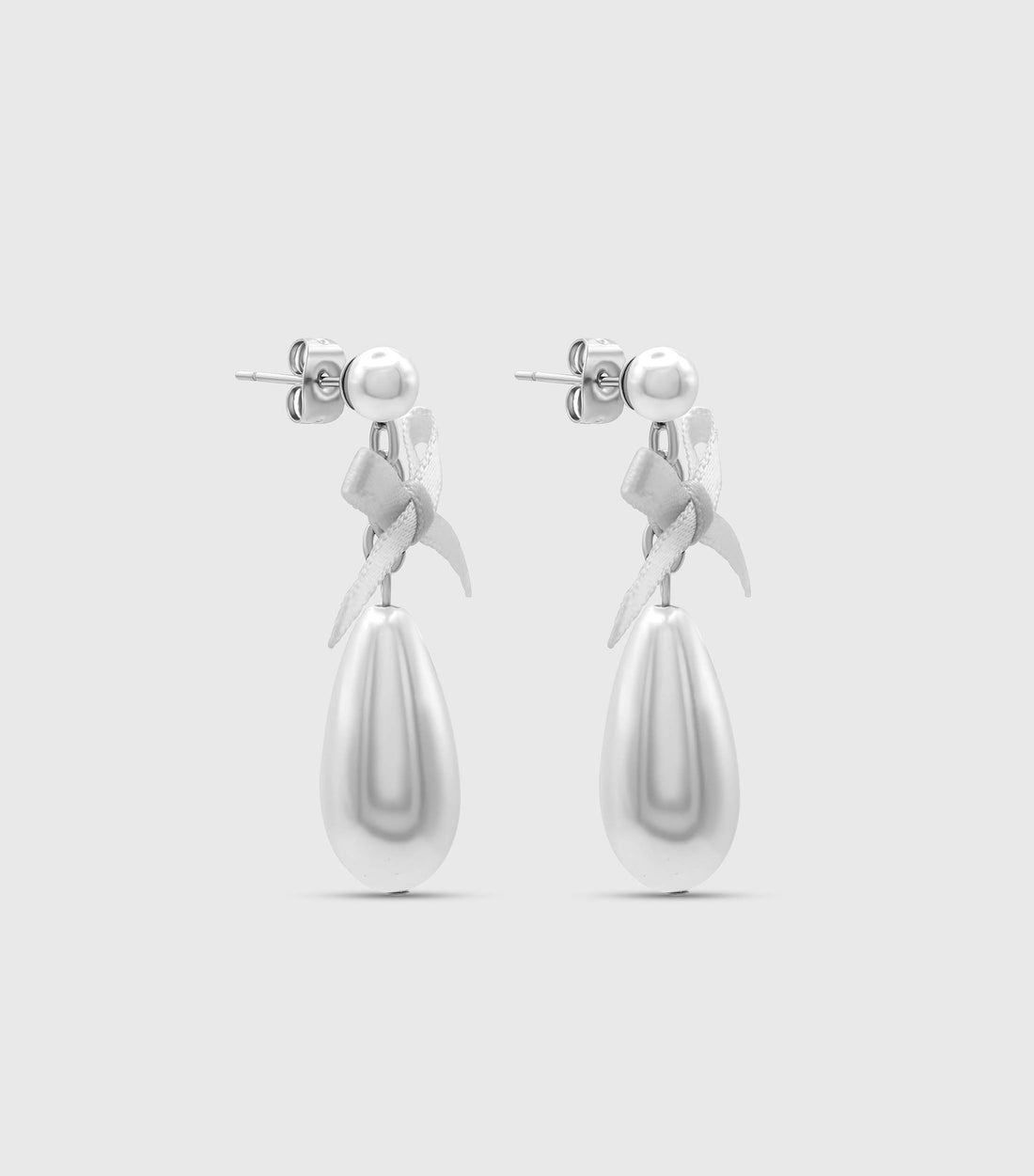 Pearl Drop Studs with Silk Bow in Silver