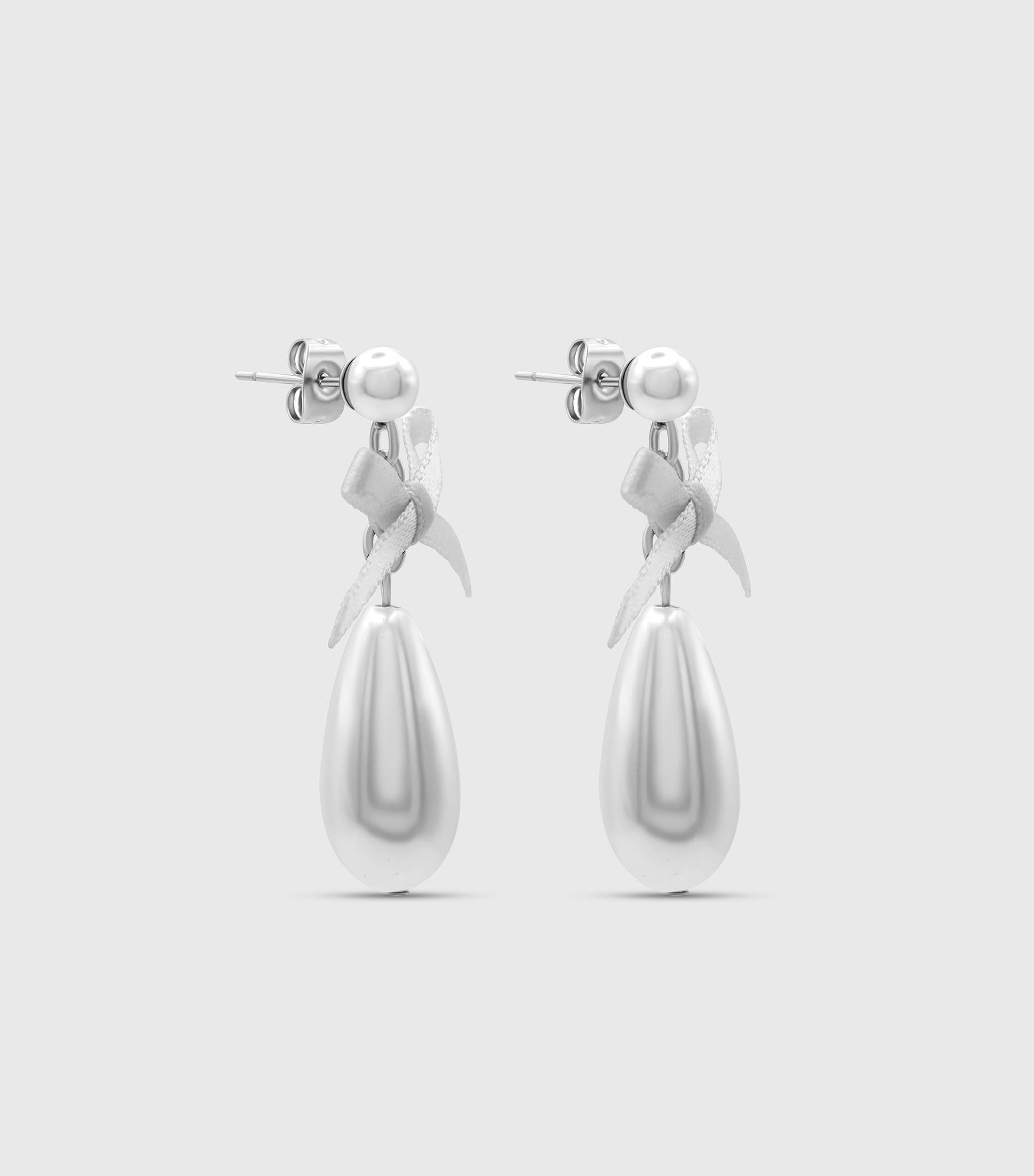 Pearl Drop Studs with Silk Bow in Silver