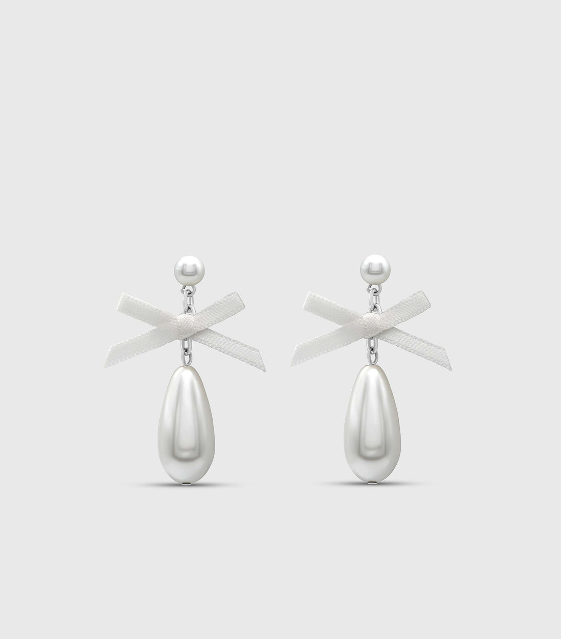 Pearl Drop Studs with Silk Bow in Silver