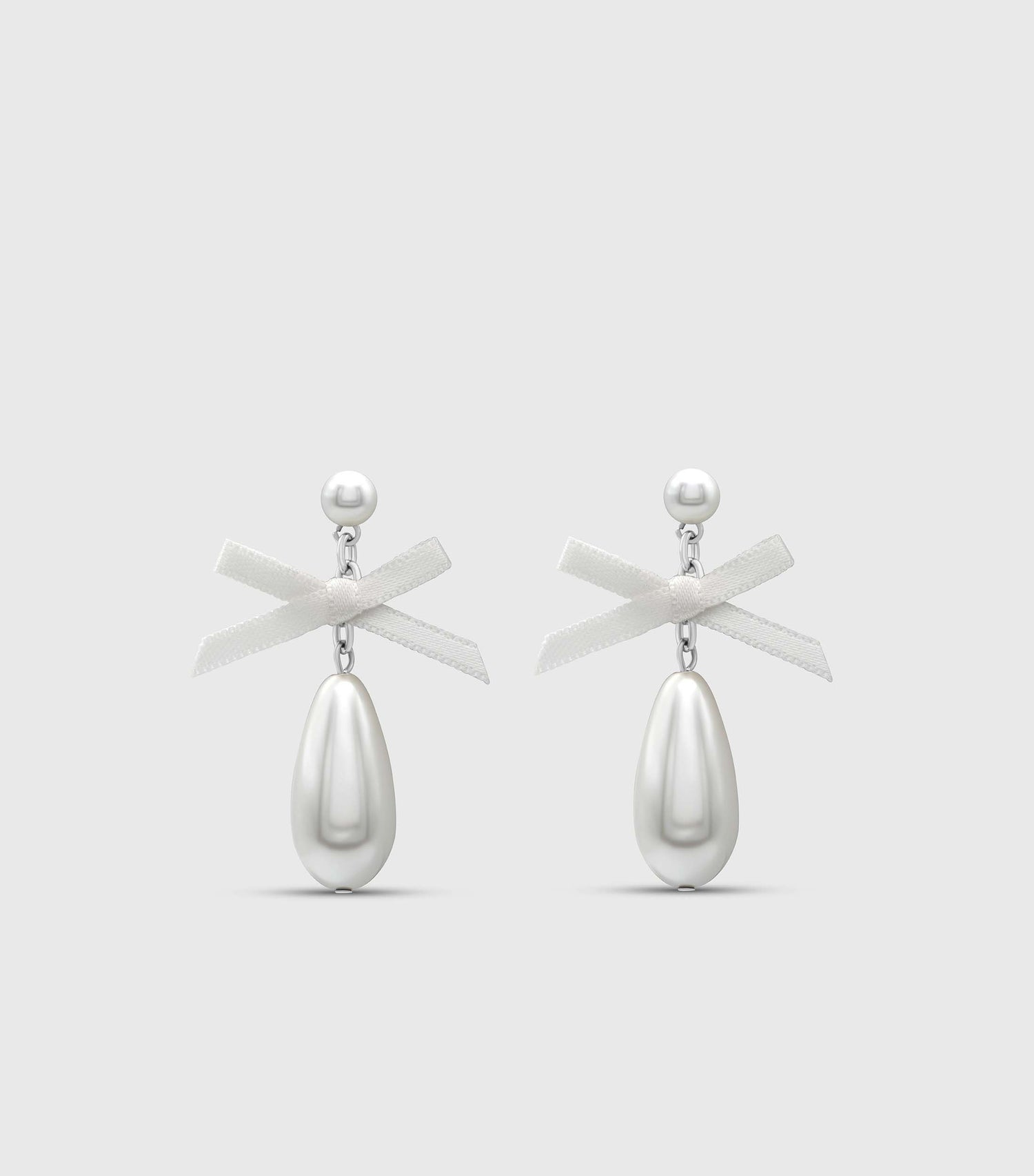 Pearl Drop Studs with Silk Bow in Silver