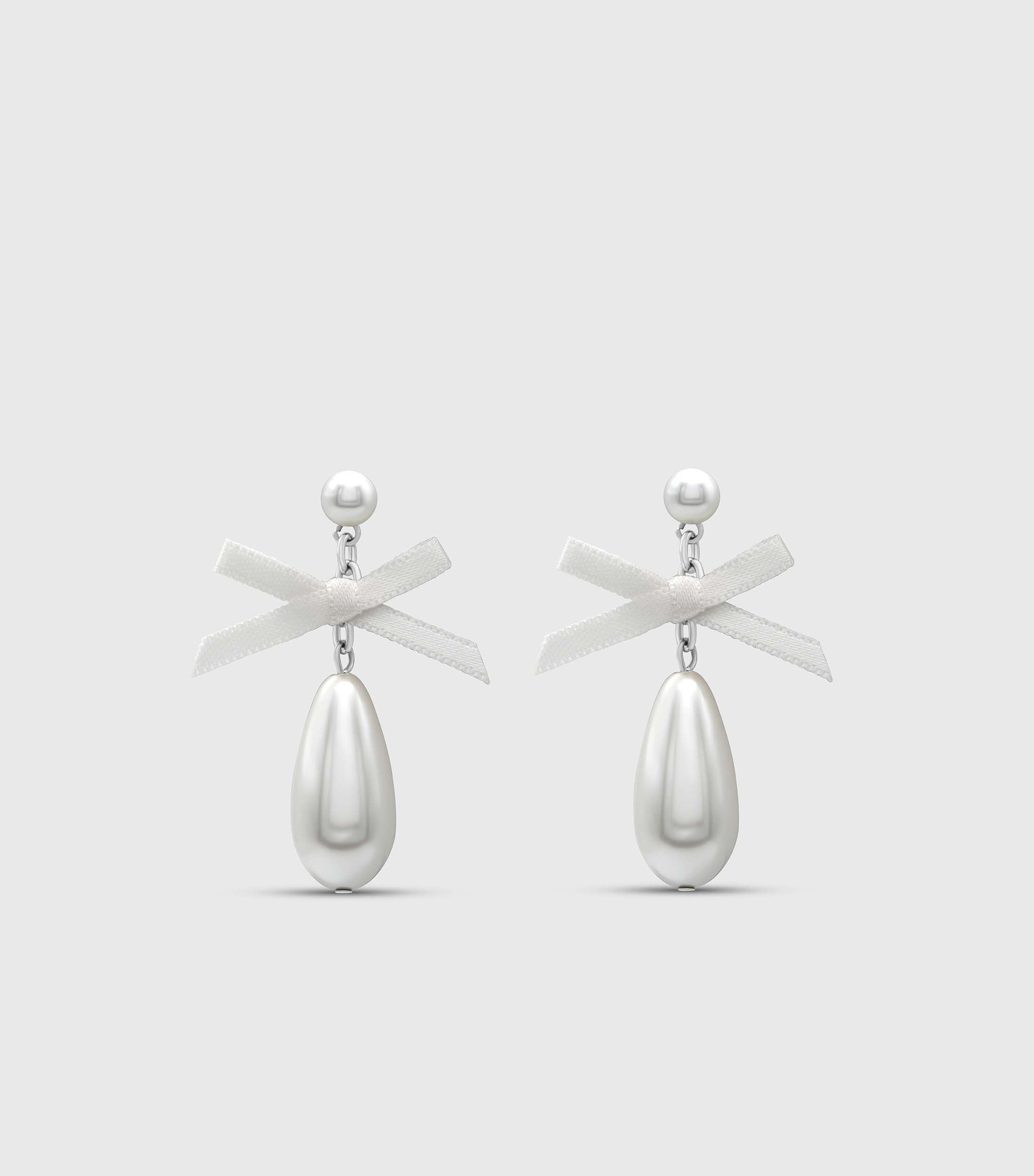 Pearl Drop Studs with Silk Bow in Silver