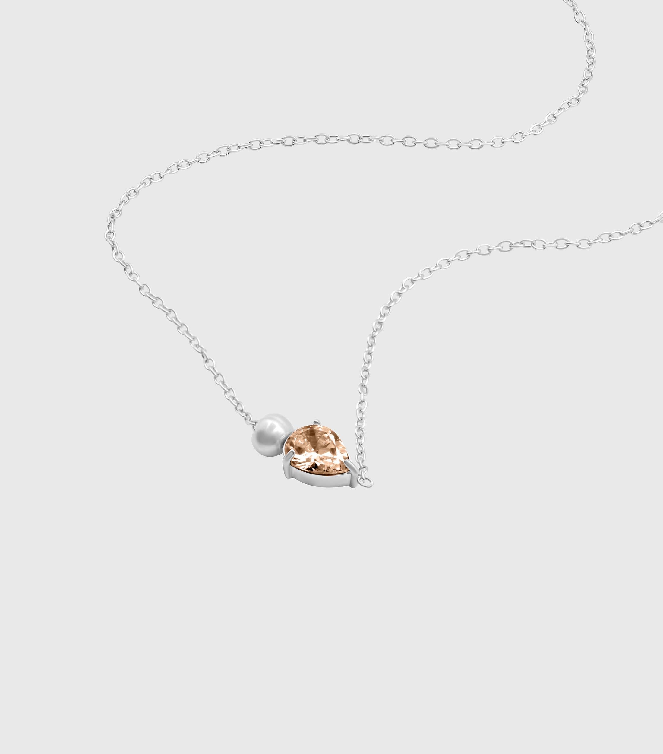 Peach Pear-Cut Zirconia &amp; Pearl Necklace in Silver